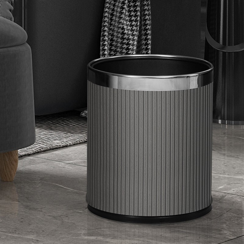 Mavobo trash can white stripes fashion home living room light luxury creative kitchen bedroom bathroom office large capacity without lid milk tea color 14L gold ring new product