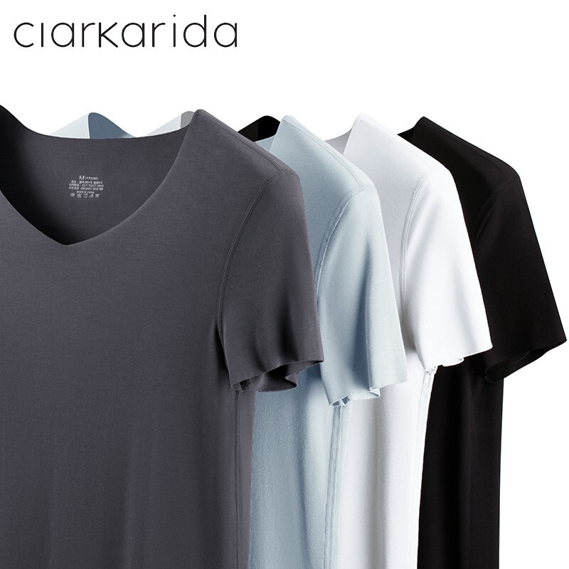 Clarkarida men's short-sleeved T-shirt men's modal seamless V-neck bottoming shirt slim solid color sweatshirt sports white fitness top iron gray + white XL (130-150 pounds)