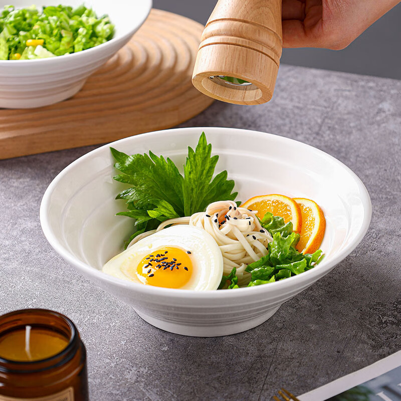 Jie Yajie ceramic soup bowl large household pure white ramen bowl underglaze color 8-inch large bowl soup basin instant noodle bowl 4 pieces
