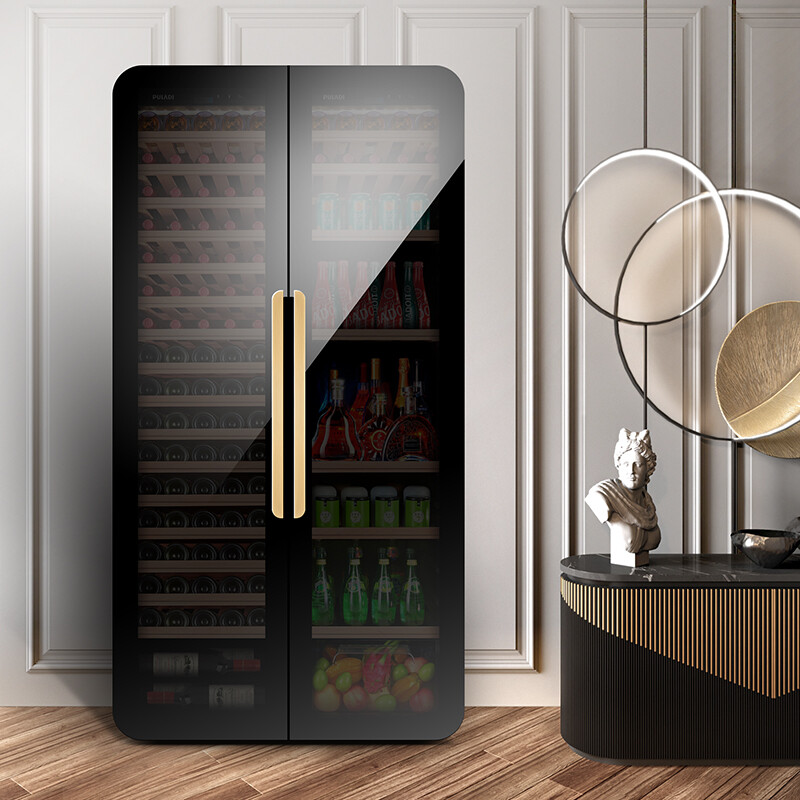 PULADI Arc Intelligent Frequency Conversion Double Door Double Temperature Red Wine Cabinet Constant Temperature Home Living Room Refrigerator Office Tea Retro Villa President Embedded Commercial Display Fresh Cabinet WIFI Retro Integrated Double Door Ice Bar + Wine Cabinet/Black Mirror 490L