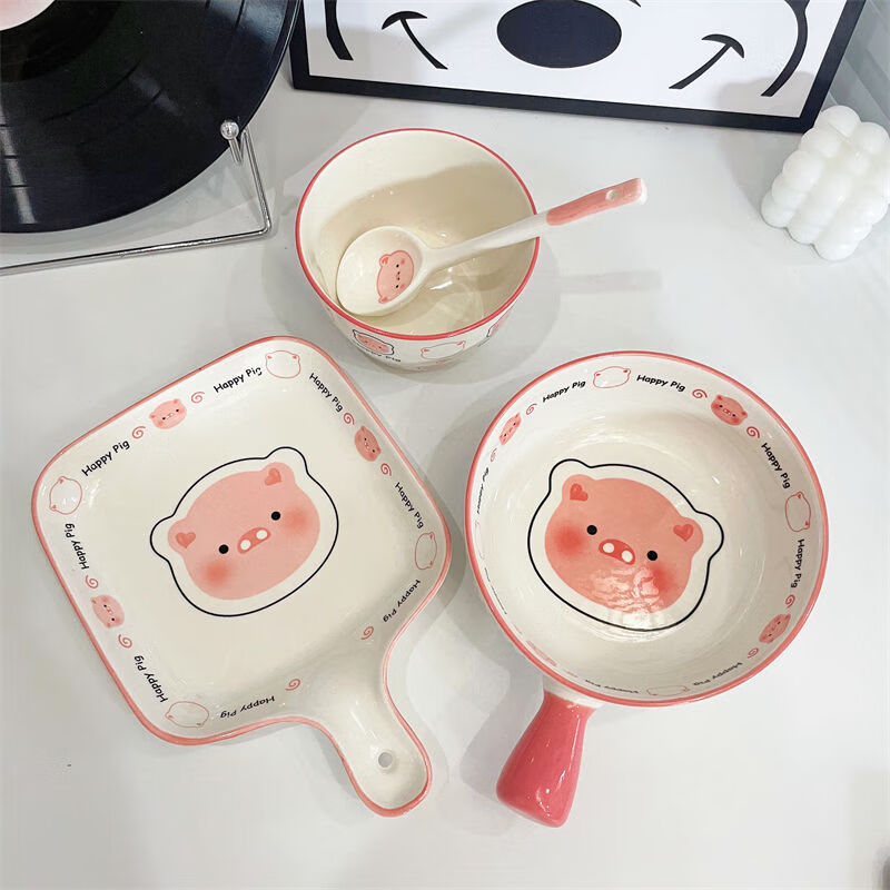 Midoriyaki Happy Pig One-Eat Cute Girly Tableware Hand-Handed Rice Bowl Baked Rice Bowl Ceramic Underglaze Colored Tableware Set 4 Pieces Cute Pig Handle Bowl + Handle Plate + Bowl + Spoon