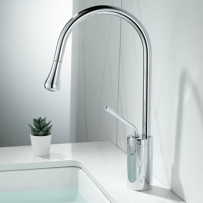 Qian Dushan gun gray pull-out faucet countertop basin heightened bathroom wash basin full copper telescopic rotating faucet hot and cold S silver medium style