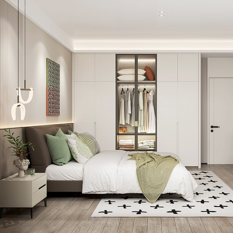 Sofia whole house custom wardrobe furniture package, master bedroom wardrobe leather double bed combination, bedside table background wall 4 wardrobe + bed + bedside table + 3 background wall