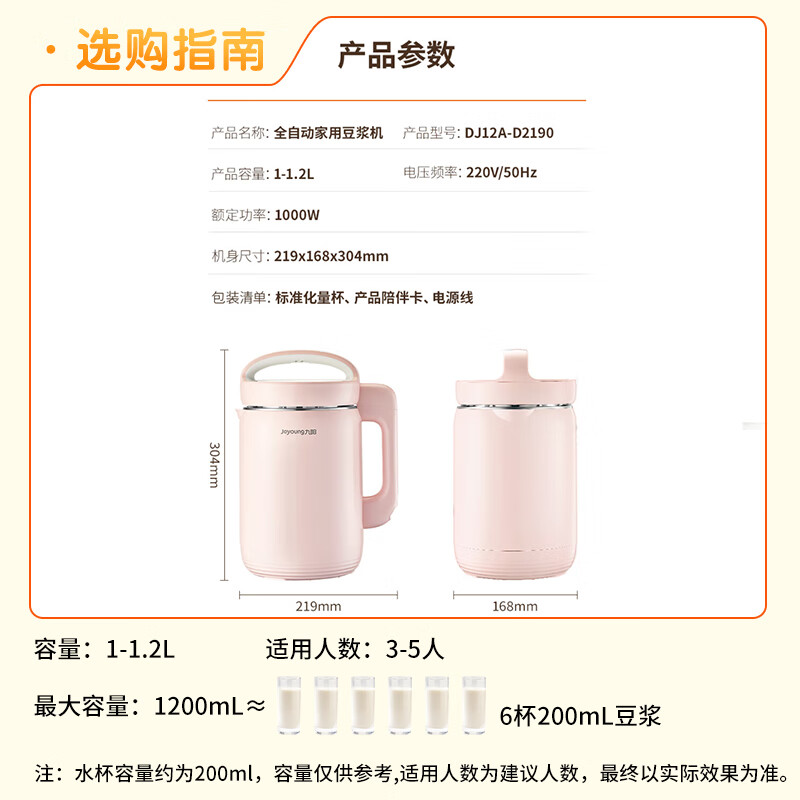 Joyoung soybean milk machine 1.2L broken wall filter-free household multifunctional 3-4 person meal automatic juicer cooking machine D2190 can be reserved