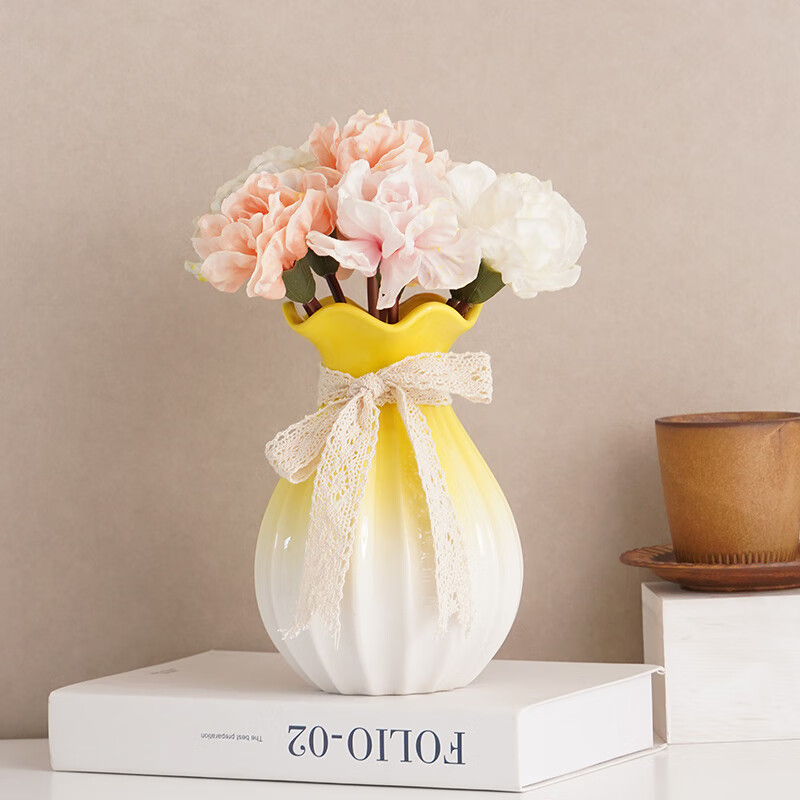 Shumen Big Belly Ceramic Vase Decoration Dried Flowers Water Flower Gardening Living Room Flower Arrangement Tulip Decoration Light Luxury and High-Level Sense Qianyu. Style (Yellow Upper)