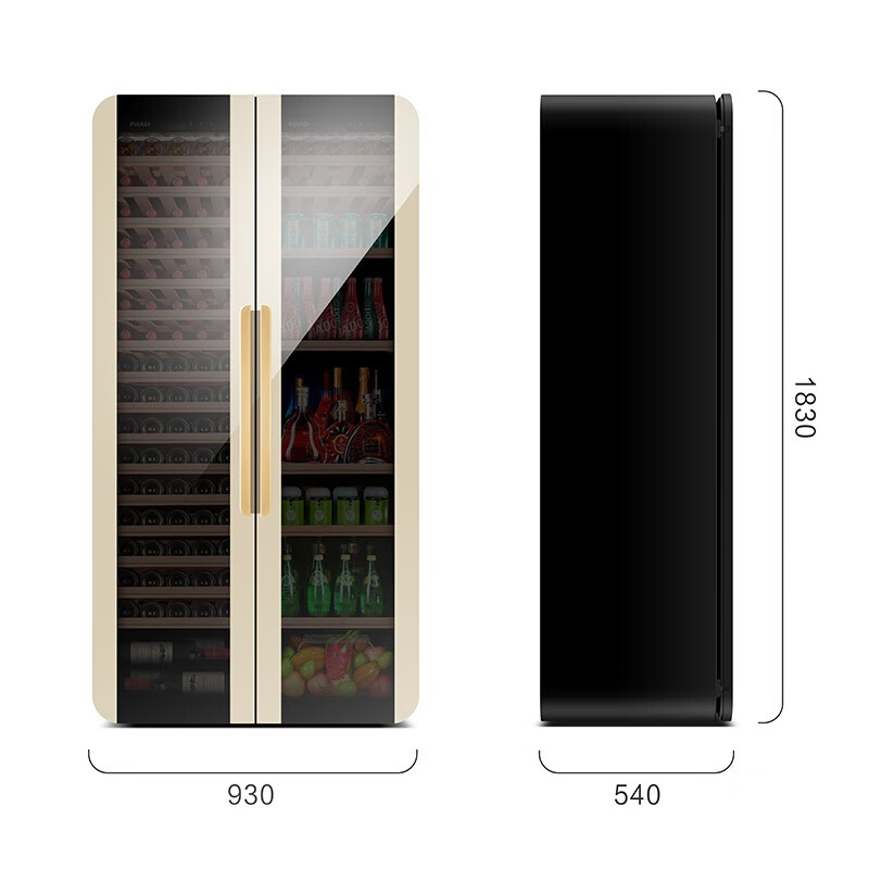 PULADI Arc Intelligent Frequency Conversion Double Door Double Temperature Red Wine Cabinet Constant Temperature Home Living Room Refrigerator Office Tea Retro Villa President Embedded Commercial Display Fresh Cabinet WIFI Retro Integrated Double Door Ice Bar + Wine Cabinet/Black Mirror 490L