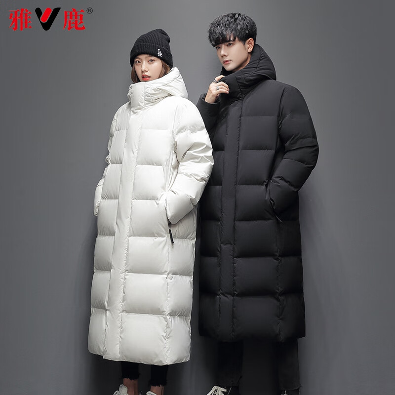 Yalu down jacket for men and women, winter knee-length, thickened, cold-resistant and warm duck down, fashionable hooded couple jacket