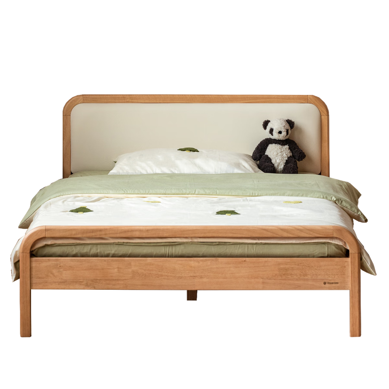 Genji Muyu Children's Furniture Solid Wood Children's Bed Bedroom Organic Leather Soft Covered Bedside Backrest 1.2 Meter Teenage Bed Boys Girls Single Bed Children's Soft Back Bed (Organic Leather Milky White) 1500*2000mm