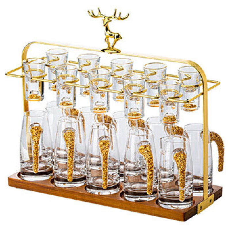 Depinte high-end liquor glass set light luxury household gold foil Jinshan wine dispenser wine set transparent style 10 pots 10 cups + elk cup holder