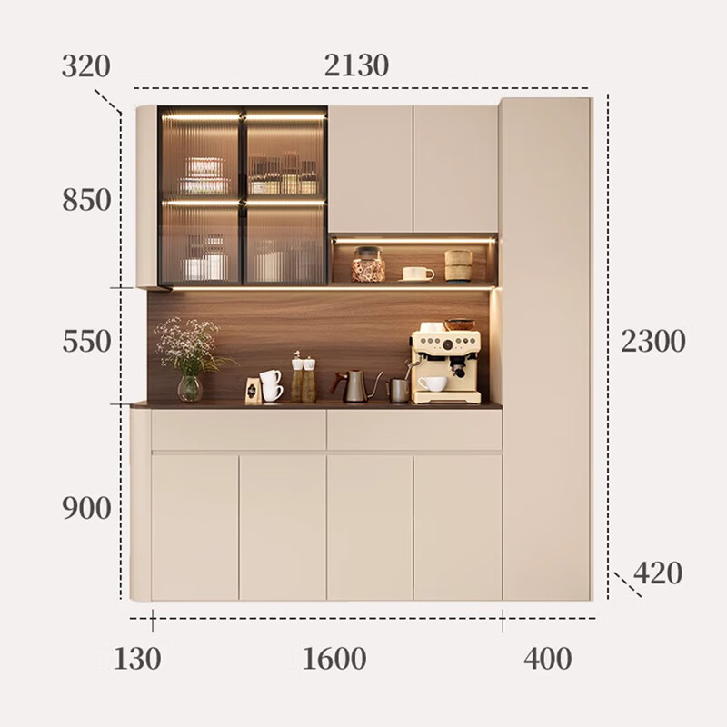 Bykat ENF grade solid wood new Chinese style retro multifunctional sideboard living room storage arc wine cabinet integrated wall customization A2 Cream White + Snow Walnut Length 120cm