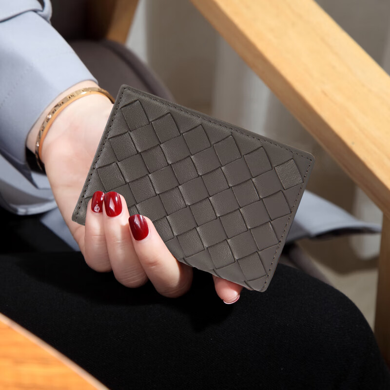 VUNIQSON brand wallet women's genuine leather hand-woven sheepskin bag driver's ID bag versatile short coin purse high-end black-made of sheepskin (hand-woven)