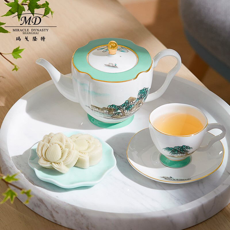 Magalonte New Year's gift West Lake Feast 6-head showerhead bone china tea set cup coffee cup and saucer with teapot