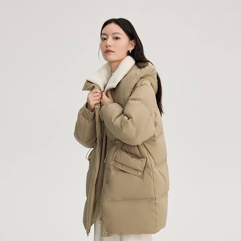 Elai imitation lamb fur collar down jacket women's mid-length coat warm new year coat elegant green M
