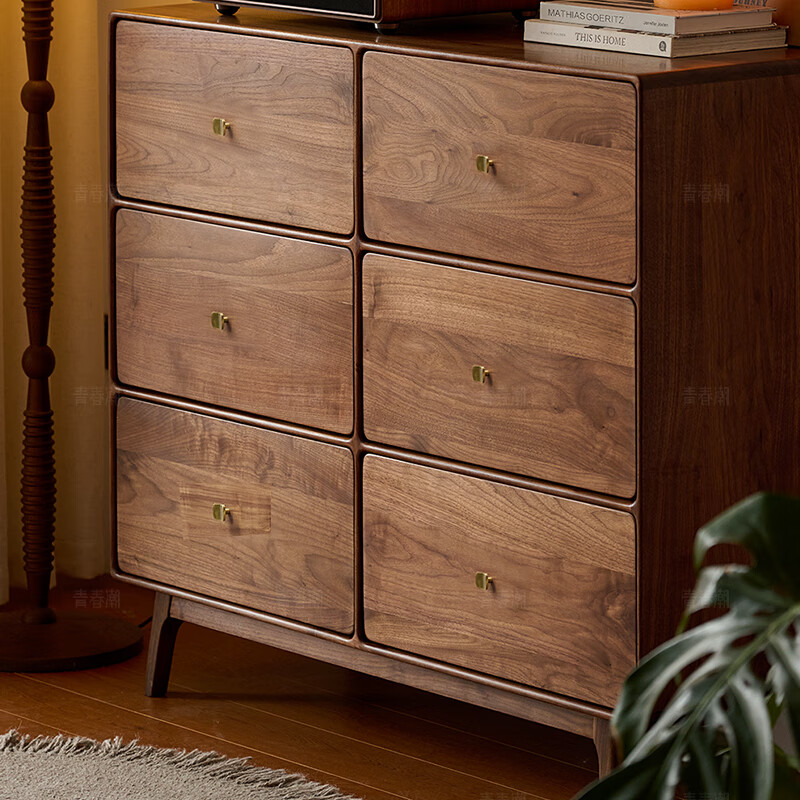 Youth Trend solid wood six-drawer chest, bedroom six-drawer chest, North American black walnut storage storage cabinet, living room TV cabinet side cabinet, all black walnut (115*45*100)