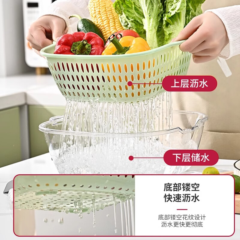 WELLMEET sink drain basket food-grade kitchen water filter artifact new household plastic vegetable basket double-layer fruit plate mint green large, medium and small 3-piece set recommended by the store manager food-grade PET/drain and mildew-proof