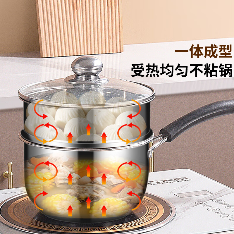 BSITN stainless steel milk pot 20cm small milk pot with steamer non-stick pot baby food pot boiling milk pot induction cooker 3418