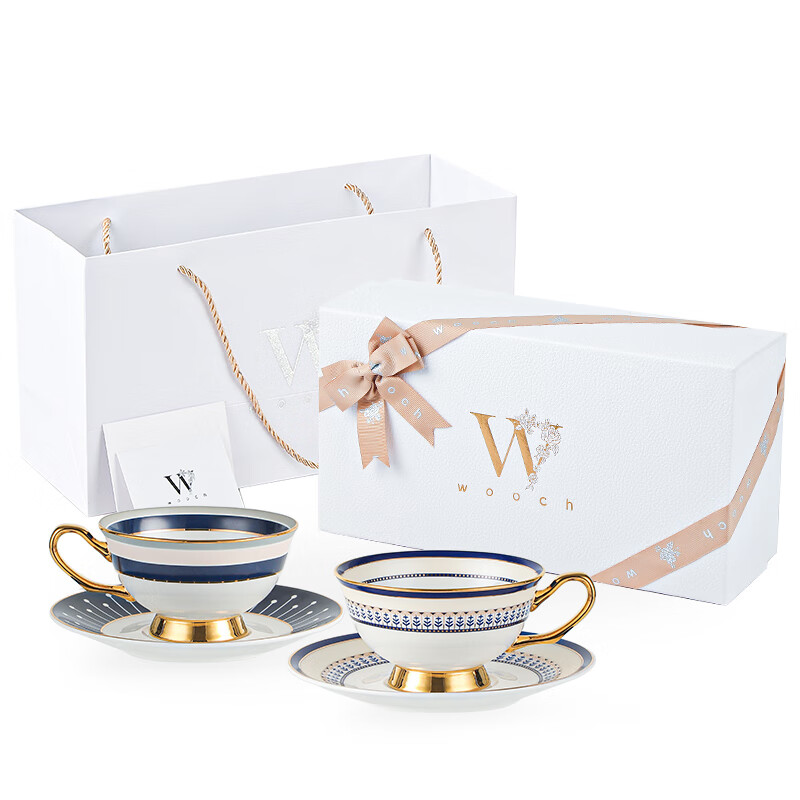 WOOCH Ouya Blue Couple Cup and Saucer Gift Box, High-End Exquisite Coffee Cup for Best Friend to Move into a New Home, Wedding Souvenir Ouya Blue Series Cup and Saucer Matching Cup + Platinum Gift Box