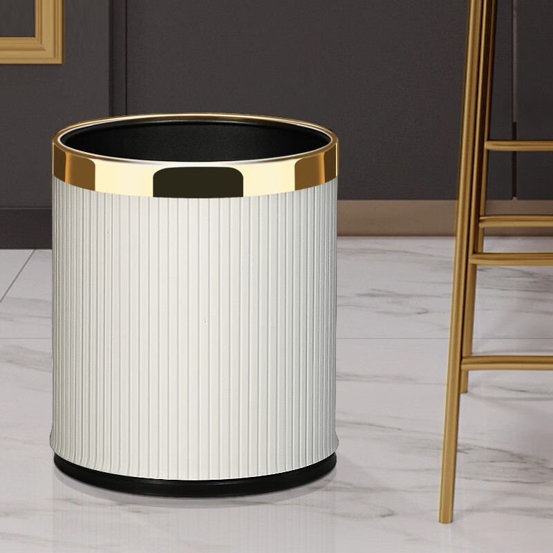 Mavobo trash can white stripes fashion home living room light luxury creative kitchen bedroom bathroom office large capacity without lid milk tea color 14L gold ring new product
