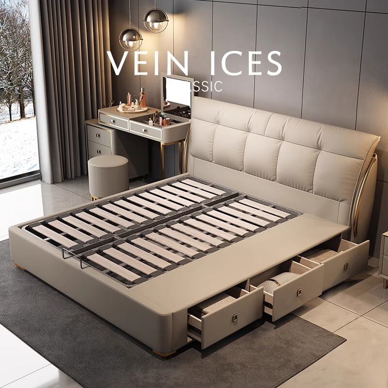 Jia Yifei Drawer Style First Layer Leather Bed Italian Minimalist Air Pressure Storage Double Bed Light Luxury Modern French Soft Covered Wedding Bed Leather Single Bed Three Drawings 2.0*2.2 Meter Air Pressure Structure