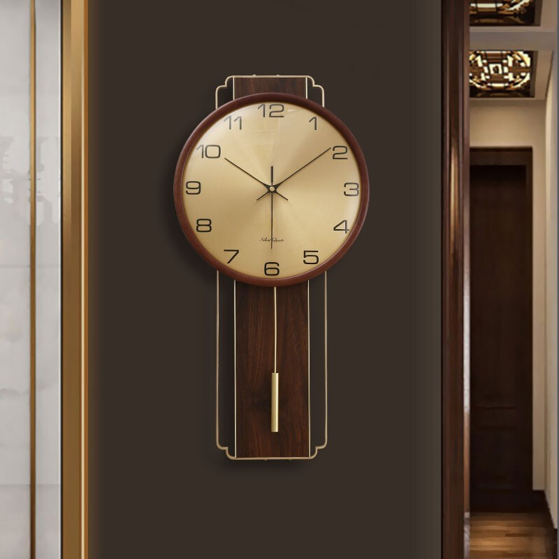 Seven Seconds Impression Seven New Chinese Style Solid Wood Light Luxury Wall Clock Living Room Fashion Wall-Mounted Silent Clock Home Simple and Atmospheric Decorative Quartz Clock Copper Clock Frame with Copper Frame - Style 4
