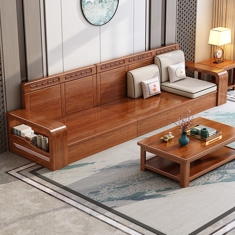 Woodisen walnut solid wood sofa living room modern Chinese style small apartment household three-person straight row winter and summer storage furniture four-seat straight row + coffee table