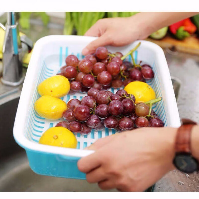 Palmerton large vegetable blue double-layer drain basket fruit basket kitchen household rectangular leaky basin plastic bowl and chopsticks drain basket green 34*26*9 cm double layer