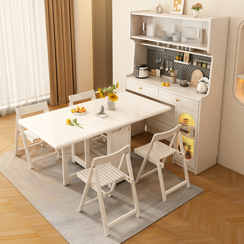 Senneng solid wood folding dining table and chair combination small apartment retractable dining table multi-functional cream style white stowable folding table 1.4m single dining table + sideboard + chair *2