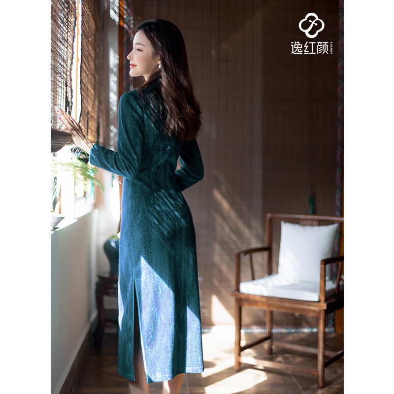 E.Beauty Yifang 2025 Spring New Product Glitter Stretch Knitted Phoenix Button New Chinese Style Women's Cheongsam Blue L