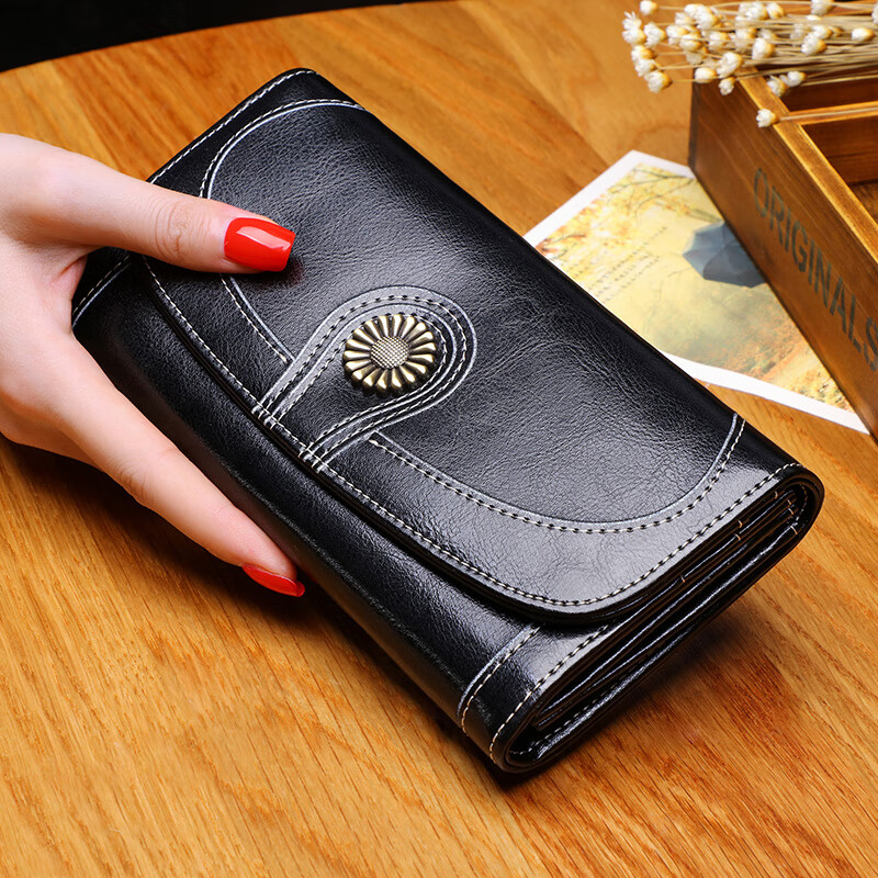 Viney cowhide wallet women's long large capacity multi-card slot multi-functional clutch bag simple light luxury student coin purse women black retro leather wallet wallet card holder