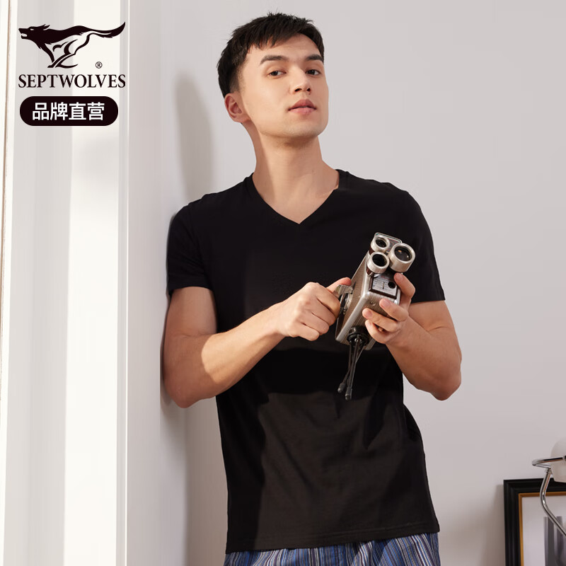 Septwolves T-shirt men's short-sleeved pure cotton men's summer half-sleeved T-shirt sports and leisure loose v-neck cotton base layer sweatshirt V-neck 2 pieces (white + black) 2XL (180) Recommended weight 150-170 catties