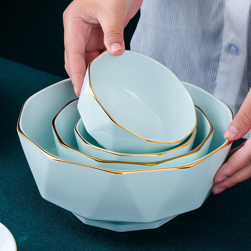KANGQIN ins Nordic gold edge diamond bowl set creative Japanese solid color household ceramic rice bowl soup bowl large bowl instant noodle bowl gold painted shadow green 4.5 inch rice bowl 8 pack