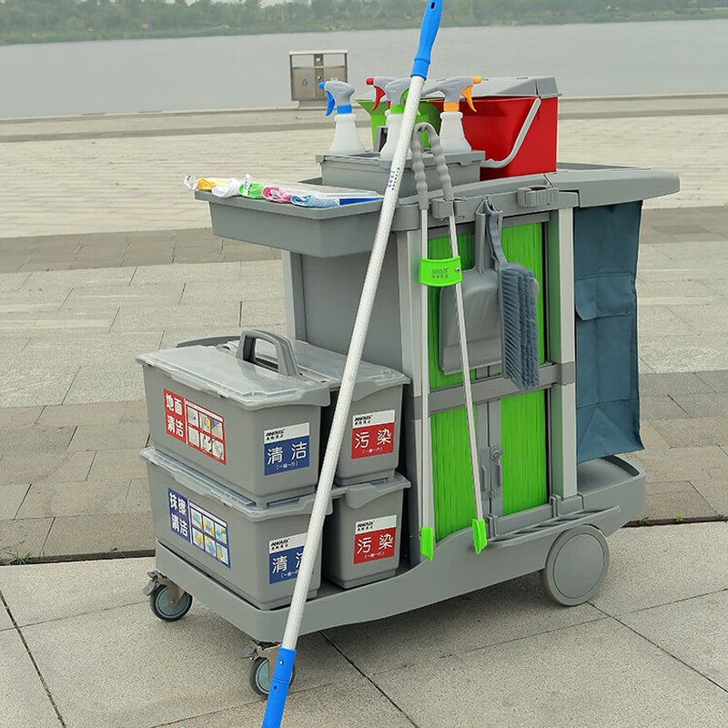 Ange Clean Silent Wheel Cleaning Car Thickened Tool Cart Multifunctional Trolley Hospital Hotel Room Cleaning Service Linen Cart Silent Wheel Tool Cart with Compartment Bucket System