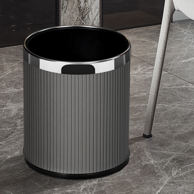 Mavobo trash can white stripes fashion home living room light luxury creative kitchen bedroom bathroom office large capacity without lid milk tea color 14L gold ring new product