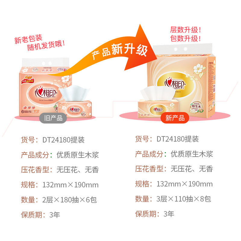 Xinxiangyin tissue paper, classic series, 3 layers, 110 tissue paper*8 packs, S size, 100% virgin wood pulp, soft tissue paper, old and new hair