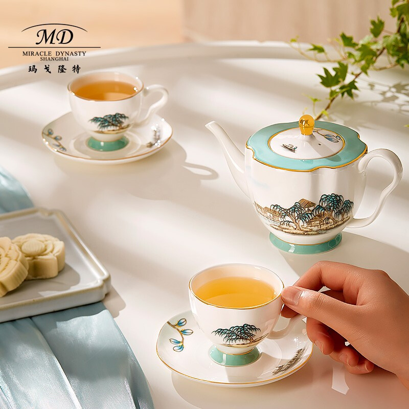 Magalonte New Year's gift West Lake Feast 6-head showerhead bone china tea set cup coffee cup and saucer with teapot