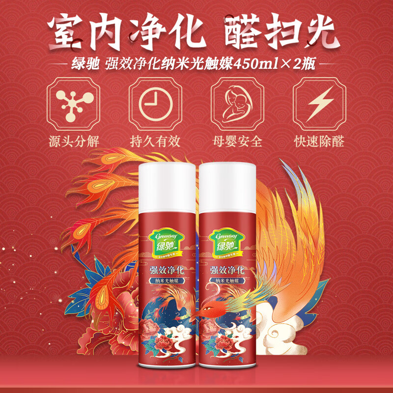 Green Packet 2 large bottles of photocatalyst removal formaldehyde spray jelly purification new RV to remove odor benzene tvoc comes with test box