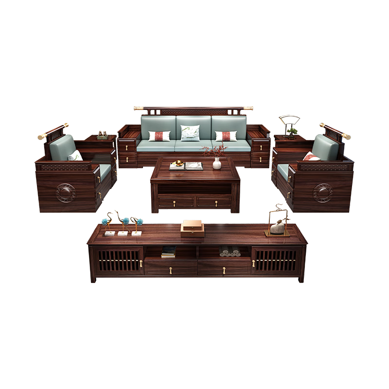 No. 1 Haoting ebony solid wood sofa new Chinese style sofa for winter and summer use modern Chinese sofa living room complete set of furniture B661 1+2+3+square coffee table+square table*1+TV cabinet storage style ebony wood+breathable cotton and linen cushions