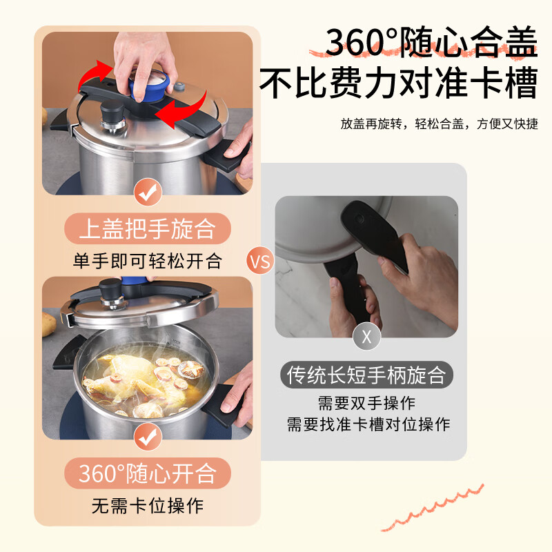 Shuangxi pressure cooker 304 stainless steel gas induction cooker universal explosion-proof household pressure cooker one-hand opening and closing 22CM/6L