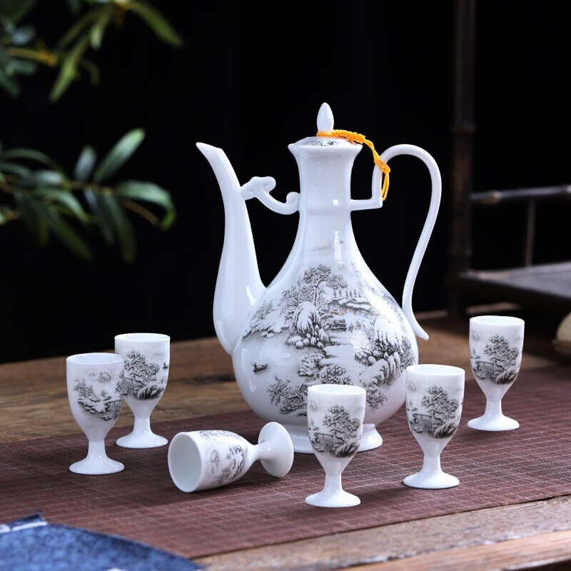 Tao Qinquan Jingdezhen ceramics Chinese liquor wine set wine pot wine cup wine cup wine warmer wine pot snow scene wine set 1 catties assembled with 6 cups
