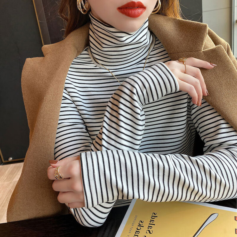 DUODIYASHANG contrasting striped turtleneck bottoming shirt for women 2023 autumn and winter new elastic top double-sided long-sleeved inner sweater for women black and white stripes