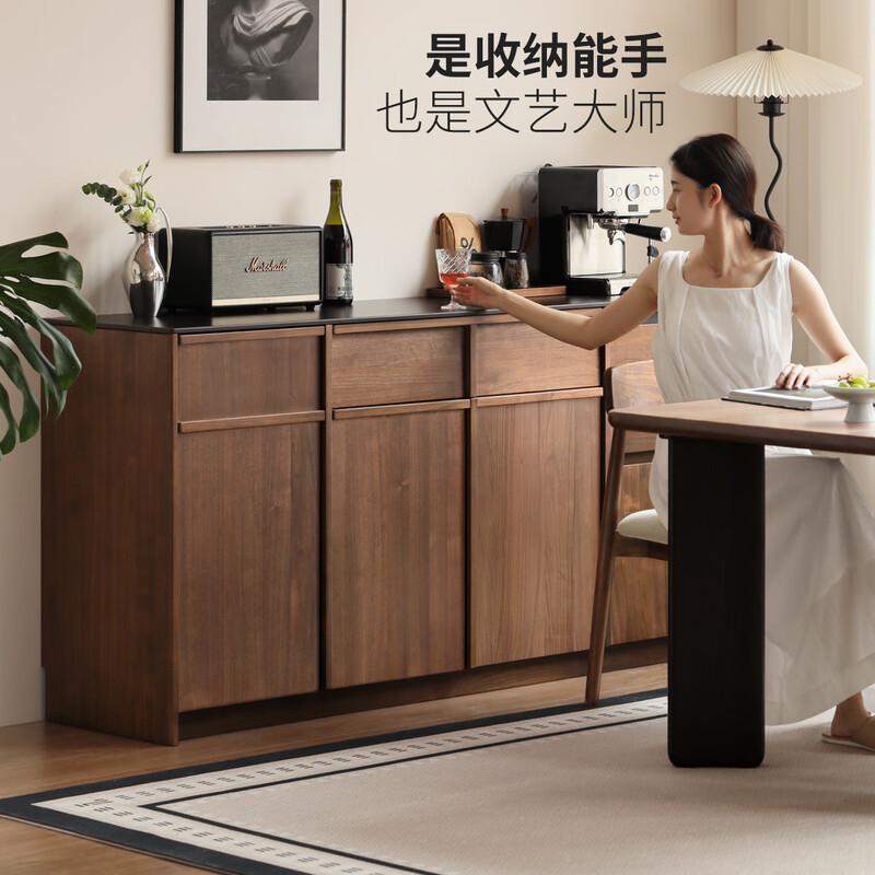 Genji Muyu solid wood sideboard restaurant slate storage cabinet black walnut light luxury cabinet home storage cabinet 1.5 meters pure black slate sideboard