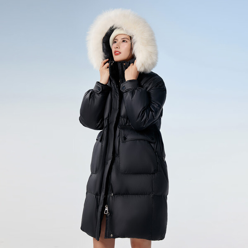 Flying in the Snow 2025 Autumn and Winter Down Jacket Women's Mid-Length Loose Goose Down Fox Fur Collar Warm Women's Jacket Gemstone Black M