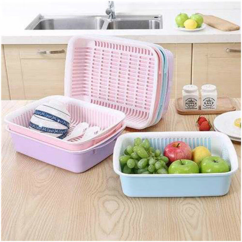Palmerton large vegetable blue double-layer drain basket fruit basket kitchen household rectangular leaky basin plastic bowl and chopsticks drain basket green 34*26*9 cm double layer