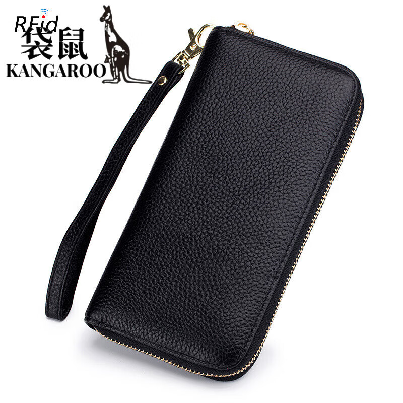 Kangaroo (KANGAROO) 2025 Chinese Valentine's Day genuine leather women's wallet anti-theft brush large capacity long cowhide card bag mobile phone bag for women multi-color optional black