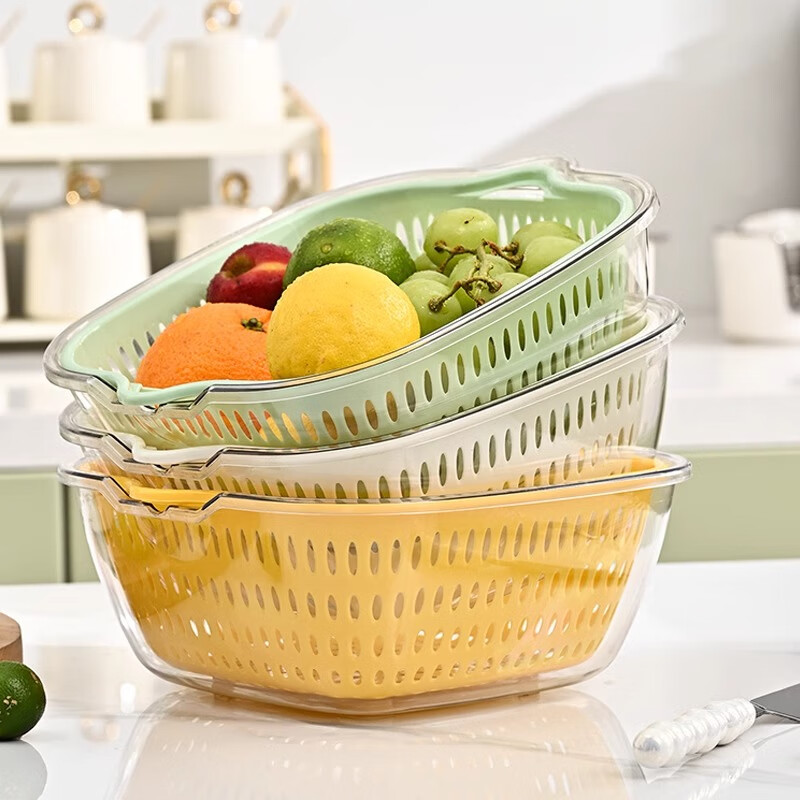 WELLMEET sink drain basket food-grade kitchen water filter artifact new household plastic vegetable basket double-layer fruit plate mint green large, medium and small 3-piece set recommended by the store manager food-grade PET/drain and mildew-proof