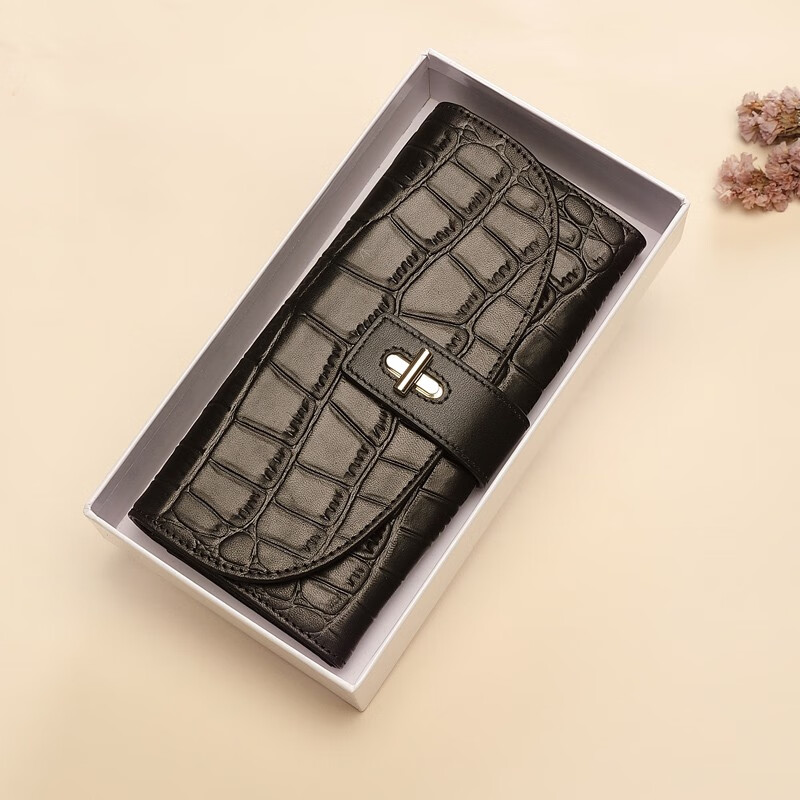 Sephoron 2026 New Long Wallet Women's Genuine Leather Large Capacity Mobile Phone Handbag Fashion Buckle Crocodile Pattern Cowhide Wallet Crocodile Pattern Black