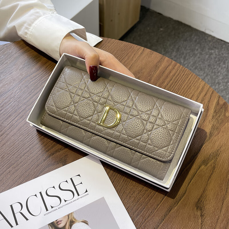 Kuqi Kangaroo Light Luxury Brand Wallet Long Genuine Soft Leather Wallet Women's 2025 New Card Holder Wallet Two-in-One Women's Large Capacity Gray 14 Card Slots