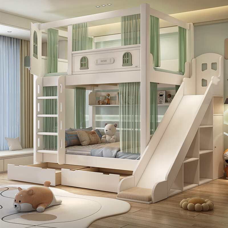 Jian Muxi all solid wood bunk bed with wardrobe combination split-level bed and table staggered bunk bed children's high and low bed upper bunk + bookcase desk + ladder cabinet 1.2*1.9 meters