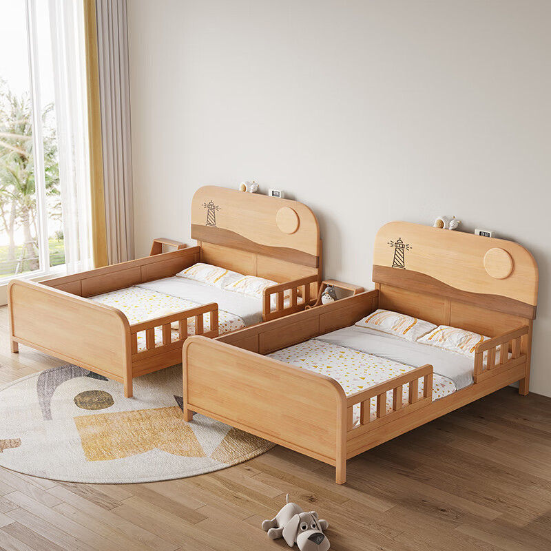 Door-to-door delivery solid wood children's bed with guardrails solid wood children's bed with guardrails 1.2 meters for boys and girls solid wood color 1.5 meters 1.35 all solid wood double side guardrail bed + 10cm skin-friendly 1200*2000