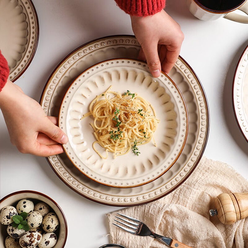 Sheli American retro embossed bowls and plates set household tableware bowls and chopsticks set simple internet celebrity ins style bowls and plates 6-person meal 29-piece set (exquisite gift box) See the second picture for details